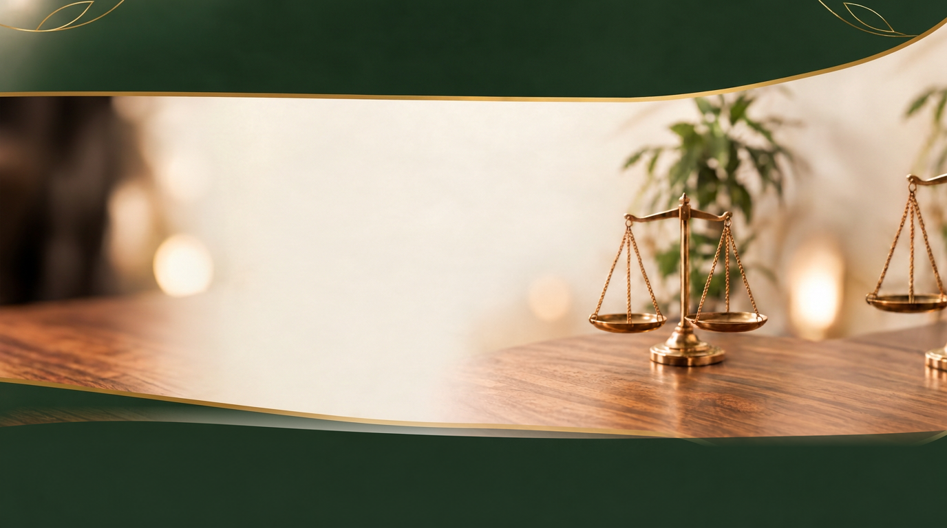 Balança da justiça sobre mesa de madeira, em verde e dourado